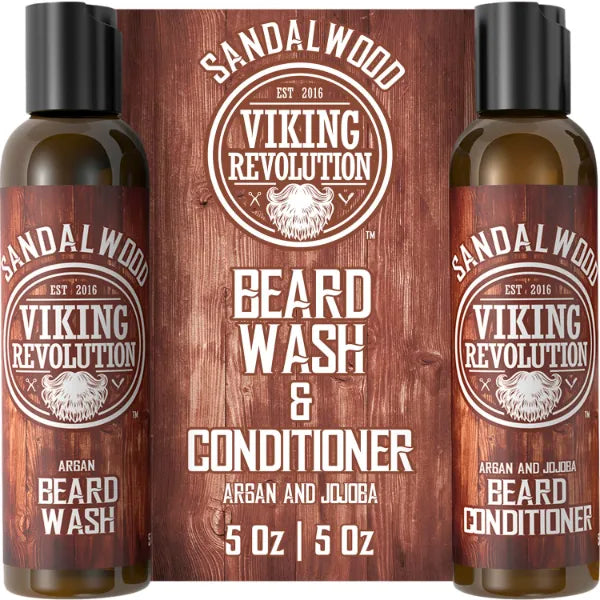 Viking Revolution Beard Wash & Beard Conditioner Set w/Argan & Jojoba Oils - Softens & Strengthens - Natural Beard Shampoo w/Beard Oil Sandalwood