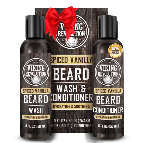 Viking Revolution Beard Wash and Beard Conditioner for Men with Argan Oil and Jojoba Oil - Beard Softener and Strengthener Beard Care Beard Shampoo and Conditioner with Beard Oil - Spiced Vanilla