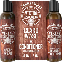 Viking Revolution Beard Wash & Beard Conditioner Set w/Argan & Jojoba Oils - Softens & Strengthens - Natural Beard Shampoo w/Beard Oil Sandalwood