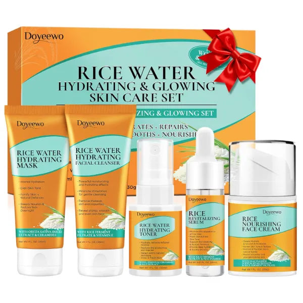 DOYEEWO Skin Care Set, Korean Rice Extract, Hydrate Glow Repair, Anti-Aging, Facial Routine Kit Gift Set for Womens for Normal,Combination, Dry, Oily Skin