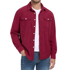 GIRUNS Men's Corduroy Jacket Casual Lightweight Jacket Button Up Long Sleeve Shirts With Flap Pockets Navy Blue L