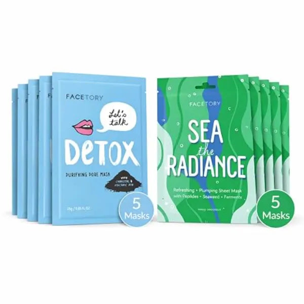 FACETORY K Collagen Reset Duo Sea the Radiance Plumping + Let’s Talk Detox Purifying Sheet Masks Peptides, Seaweed, Charcoal & Volcanic Ash Hydrating, Firming & Refining 5 Pack Each