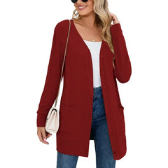 SHOWMALL Women's Long Sleeve Open Front Cardigan Button Down Apricot M Ribbed Lightweight Knit Outerwear with Pocket