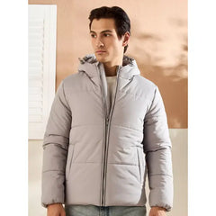 Quilted Hooded Puffer Jacket with Rubber Badge Detail - Gray