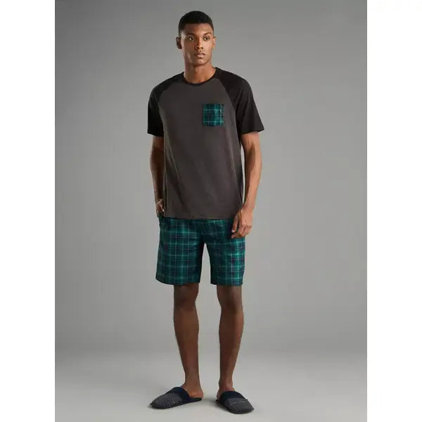 Checked Raglan Sleeves T-shirt and Shorts Set - Black