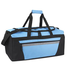 40 Liter 22 Inch Duffle Bag with Reflective Stripe, Front Accessory Pocket, Velcro Handles, Dual Zipper Closure and Luggage Strap for Traveling, Commuting, Sports and Gym Equipment in Black & Silver`