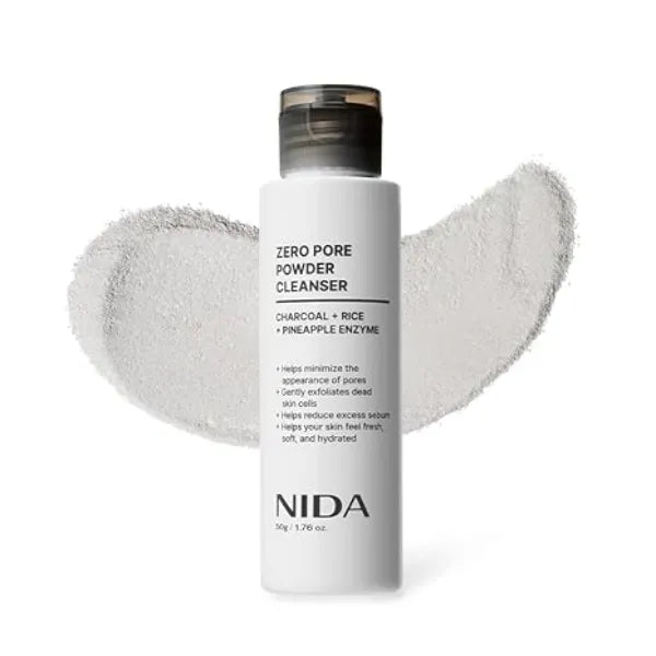 NIDA Zero Pore Powder Cleanser Charcoal, Rice, Pineapple Enzyme Pore Minimizing, Gentle Exfoliation 1.76 oz., 50g