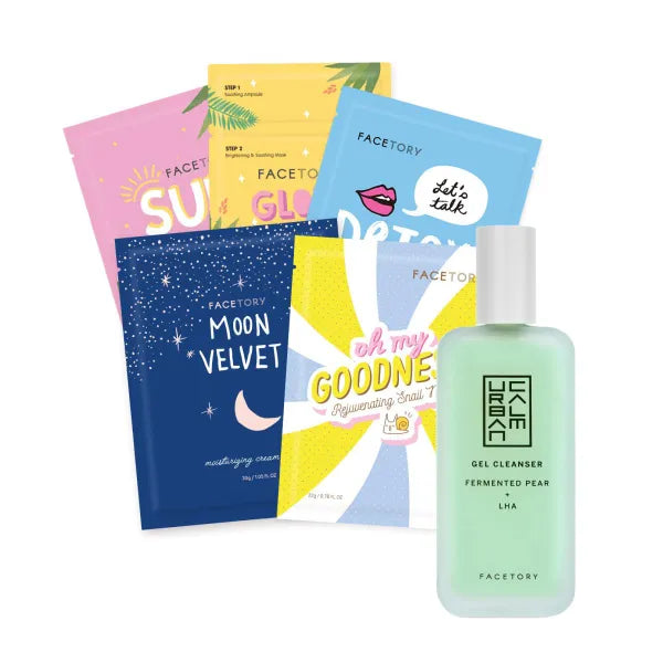 FACETORY Collection Set 1 and Urban Calm Gel Cleanser Exfoliating and Hydrating Skincare Collection 5 Sheet Masks and 1 Facial Cleanser for Oily, Combo, Dry Skin