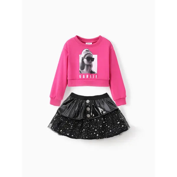 PATPAT Barbie Dresses Toddler/Kid Girl 2pcs Character Print Sweatshirt And Leather Tulle Skirt Set Pink