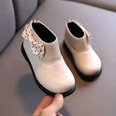 Patpat Toddler / Kids Polka Dots Bowknot Decor Back Zipper Knit Splicing Boots white