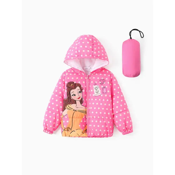 PATPAT Disney Princess Toddler Girl 2pcs Cindere/Belle/Ariel Heart/Dots/Gradient Print Hooded Puffer Jacket Coat With Storage Bag Pink
