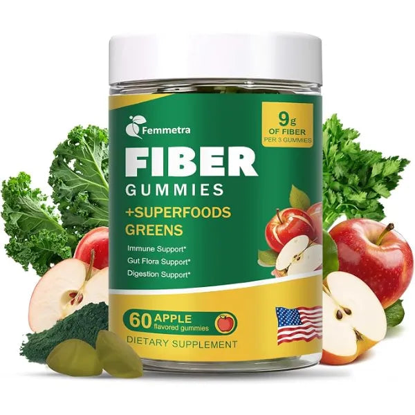 Femmetra 9G Fiber Gummies for Digestive Health & Regularity Sugar Free Apple Flavor Prebiotic Fiber Supplement with Greens Daily Gummies for Adults, Women & Men 60CT
