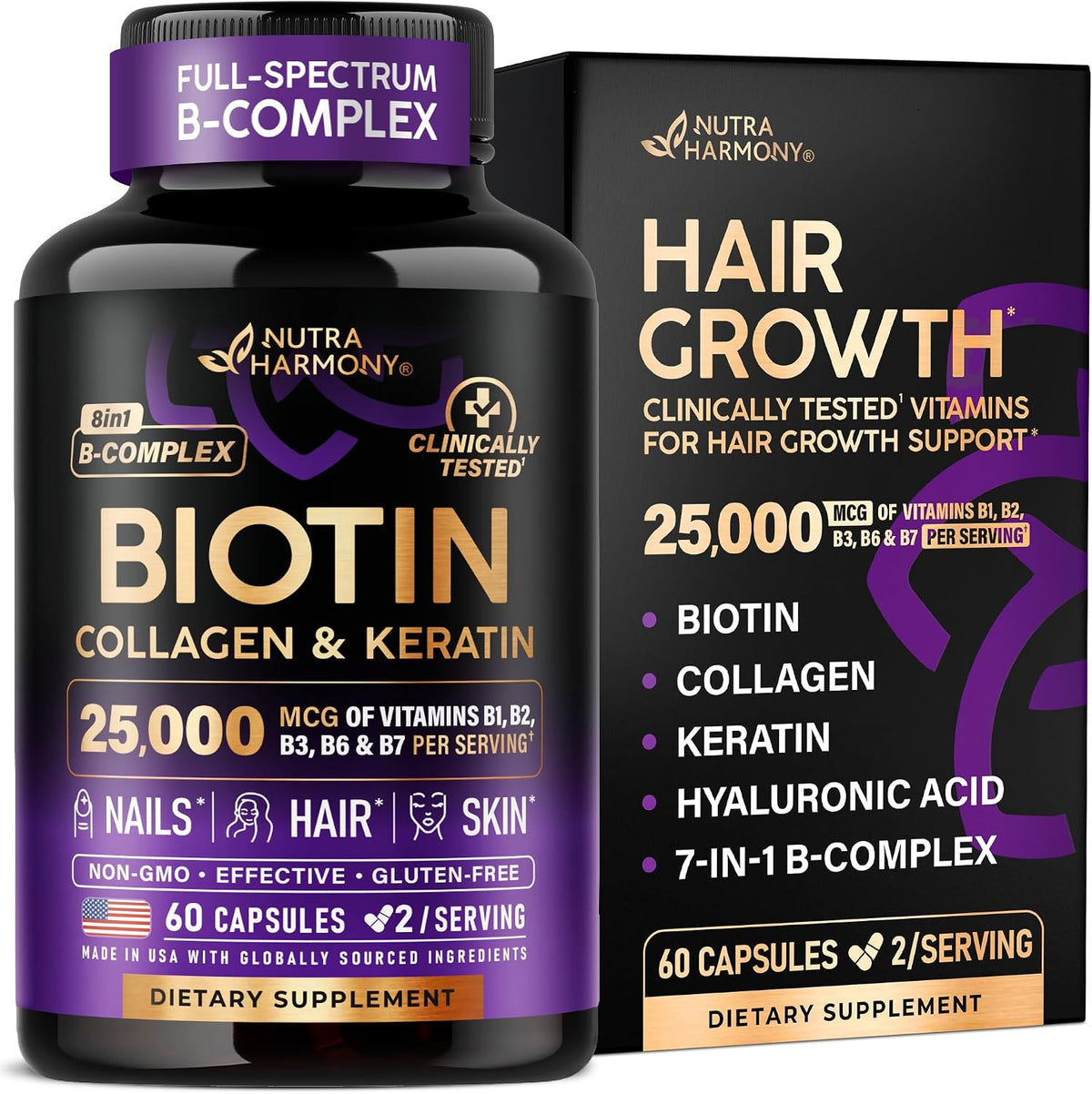 NUTRAHARMONY Biotin, Collagen & Keratin + Full B Complex Hair Growth Support