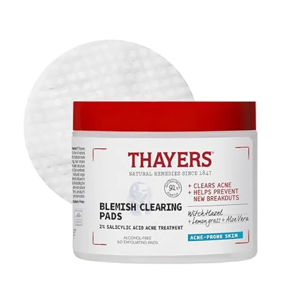 Thayers Blemish Clearing Acne Pads, Salicylic Acid Acne Treatment for Face, Pore Reducing, Exfoliating, and Soothing Skincare, Witch Hazel Toner Pads, 60 Ct