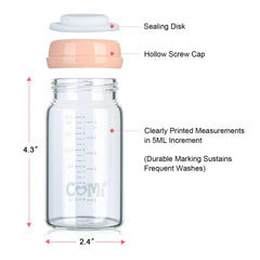 COMI Wide Neck Glass Breastmilk Collection n Storage Bottle, 4 Packs, 6oz with Screw Ring Sealing Disk; Re-markable Sealing Disc. BPA Free, Fits Breast Pumps & (4 Pink Lids)