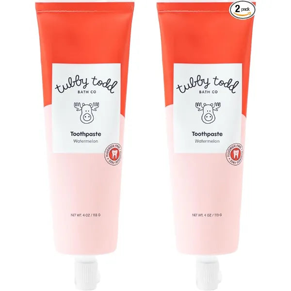TUBBY TODD Fluoride Free Kids Toothpaste Made with Xylitol Safe Toothpaste for Baby, Toddler, Infant & Children 4oz, 2 Pack Watermelon Flavor