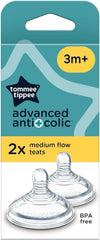 Tommee Tippee Advanced Anti-Colic Baby Bottle Teats, Breast-Like, Soft Silicone, Medium Flow, 3 Months+, 2 Pack