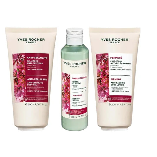 Yves Rocher Anti-Cellulite Moisturizing Gel Firmness Skin Soothing Foot Cryogel and Anti Sagging Body Lotion Set of 3, 200ml / 6.7 fl oz each