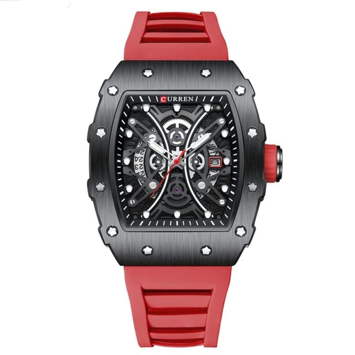 CURREN New Rectangular Luminous Watch Men Sports Casual Silicone Bracelet Semi Hollow Auto Date Dail Wristwatch 8438 - Red