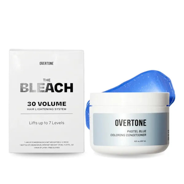 Overtone Color Depositing Semi-Permanent Hair Dye Conditioner - 8 oz For Natural & Color-Treated Hair, The Bleach 30 Volume Hair Lightening Kit - Professional-Grade Included - Pastel Blue