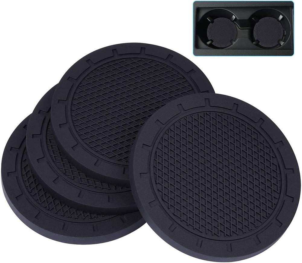 ELECDON Car Coasters, ELECDON PVC Car Cup Holder Insert Coaster, Anti Slip Universal Vehicle Interior Accessories Cup Mats for Men or Women (7 CM Diameter, Black, 4 Pack)