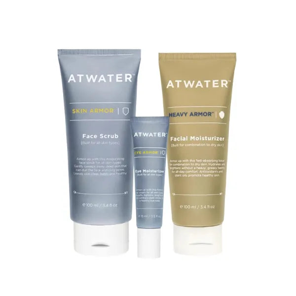 ATWATER Dry Skin Starter Set, Skin Armor Face Scrub, Heavy Armor Face Moisturizer, and Eye Armor Eye Cream