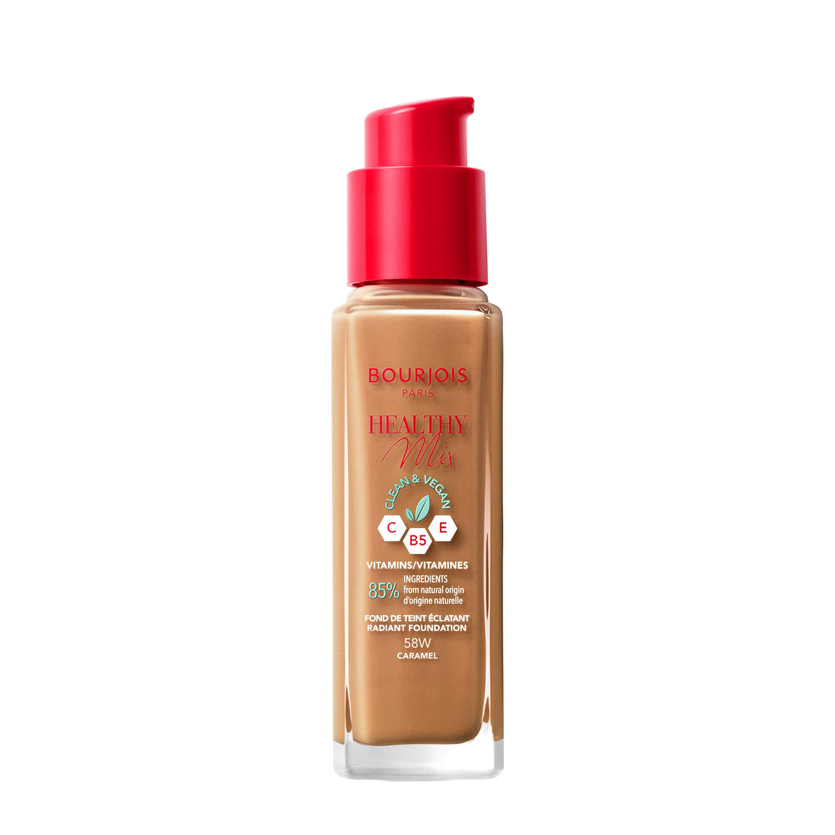 Bourjois Healthy Mix Clean Foundation – Liquid Foundation, Vegan Formula, Makeup – 58W Caramel, 30ml (1.1oz)