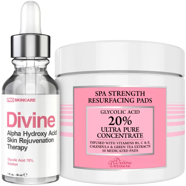 Divine Derriere Anti-Aging Skin Care Set: 70% Glycolic Acid Peel & Resurfacing Pads - Wrinkle Eliminator, Acne Scar Reducer for Clear, Glowing Complexion