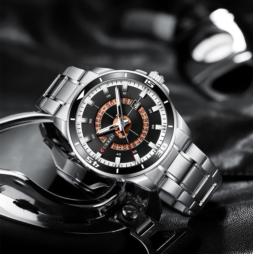 CURREN 8359 luxury business casual men's watch waterproof quartz Stainless steel Band calendar men's watch - SILVER BLACK