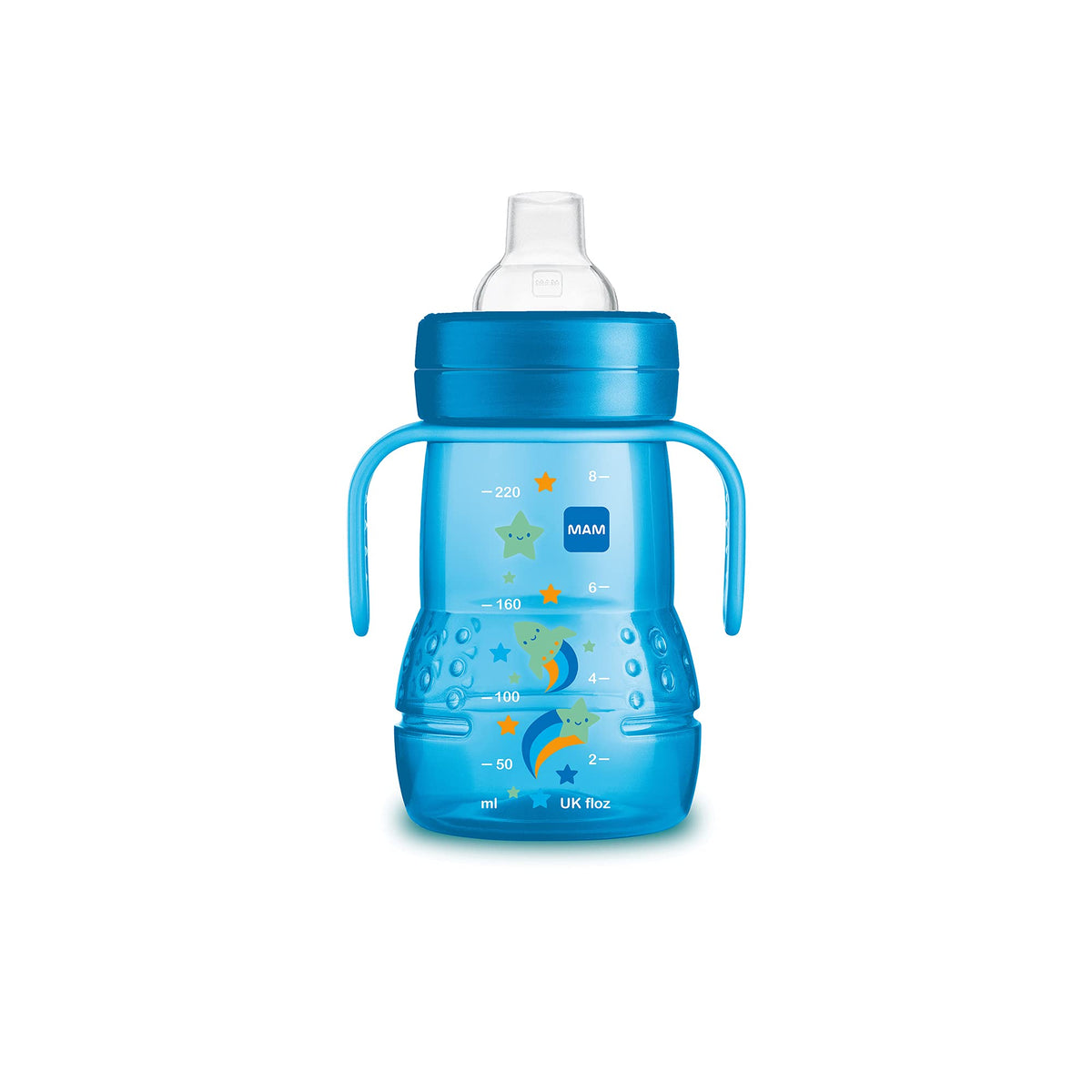 MAM Plastic Trainer Cup (1 Count), Trainer Drinking Cup with Extra-Soft Spout, Spill-Free, and Non-Slip Handles, for Boys 4+ Months, Eight Ounces, Designs May Vary