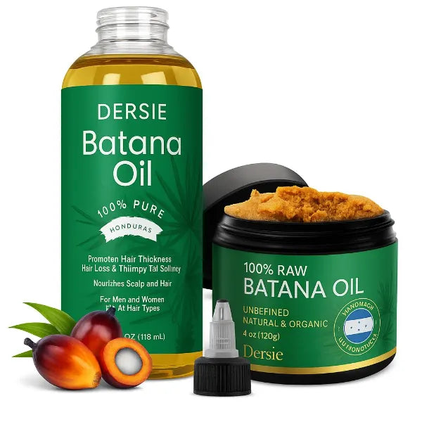Dersie Batana Oil Bundle for Hair Growth – 100% Pure Liquid & Raw Paste – Authentic Batana Oil from Honduras – Traditional Hair Repair & Nourishment – For Thicker, Stronger, Fuller Hair – 2 x 4oz