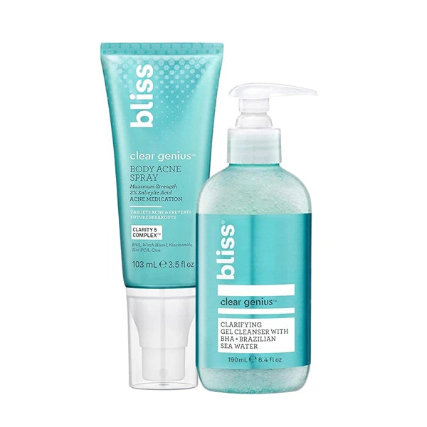 Bliss Clear Genius Clarifying Gel Cleanser + Clear Genius Body Acne Spray Bundle | Clean | Cruelty-Free | Paraben Free | Vegan