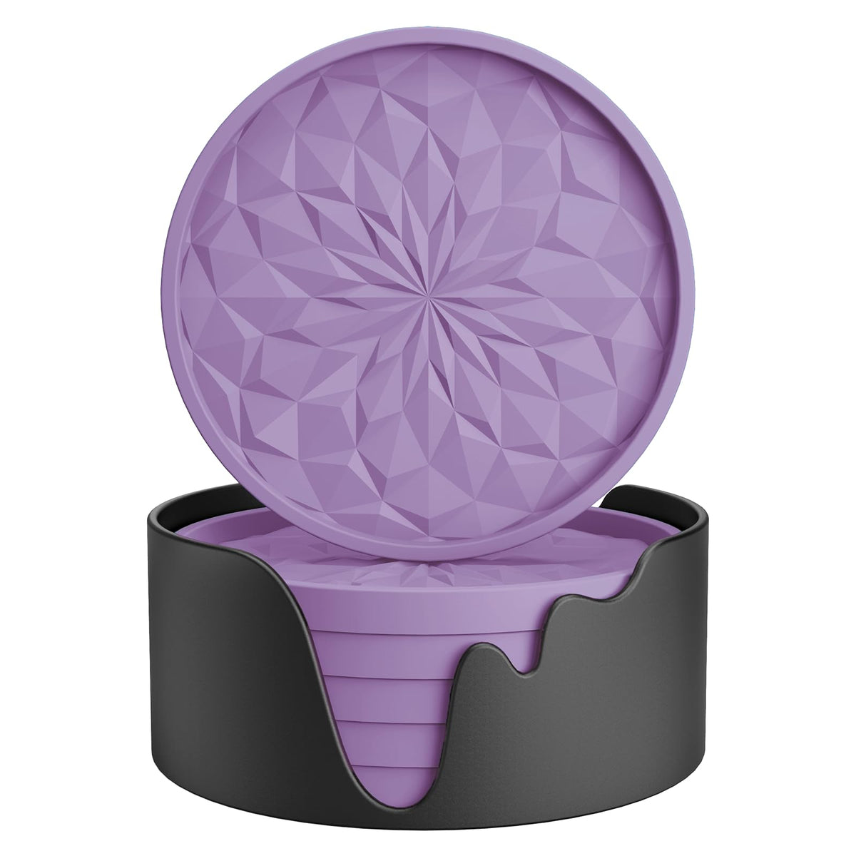 ME.FAN Silicone Coasters with Holder,[6 Pack] Drinking Coasters - Cup Mat for Hot or Cold Drinks, Thickened, Non-Slip, Non-stick,Deep Tray Light Purple