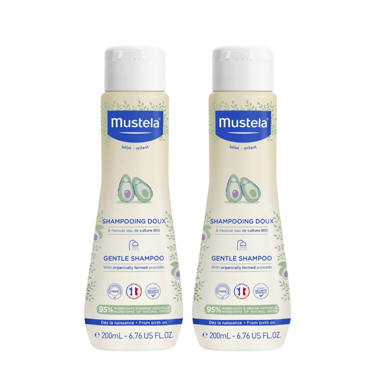 Mustela Baby Gentle Shampoo with Natural Avocado - Hair Care for Kids of all Ages & Hair Types - Tear-Free & Biodegradable Formula 200ml - Pack of 2
