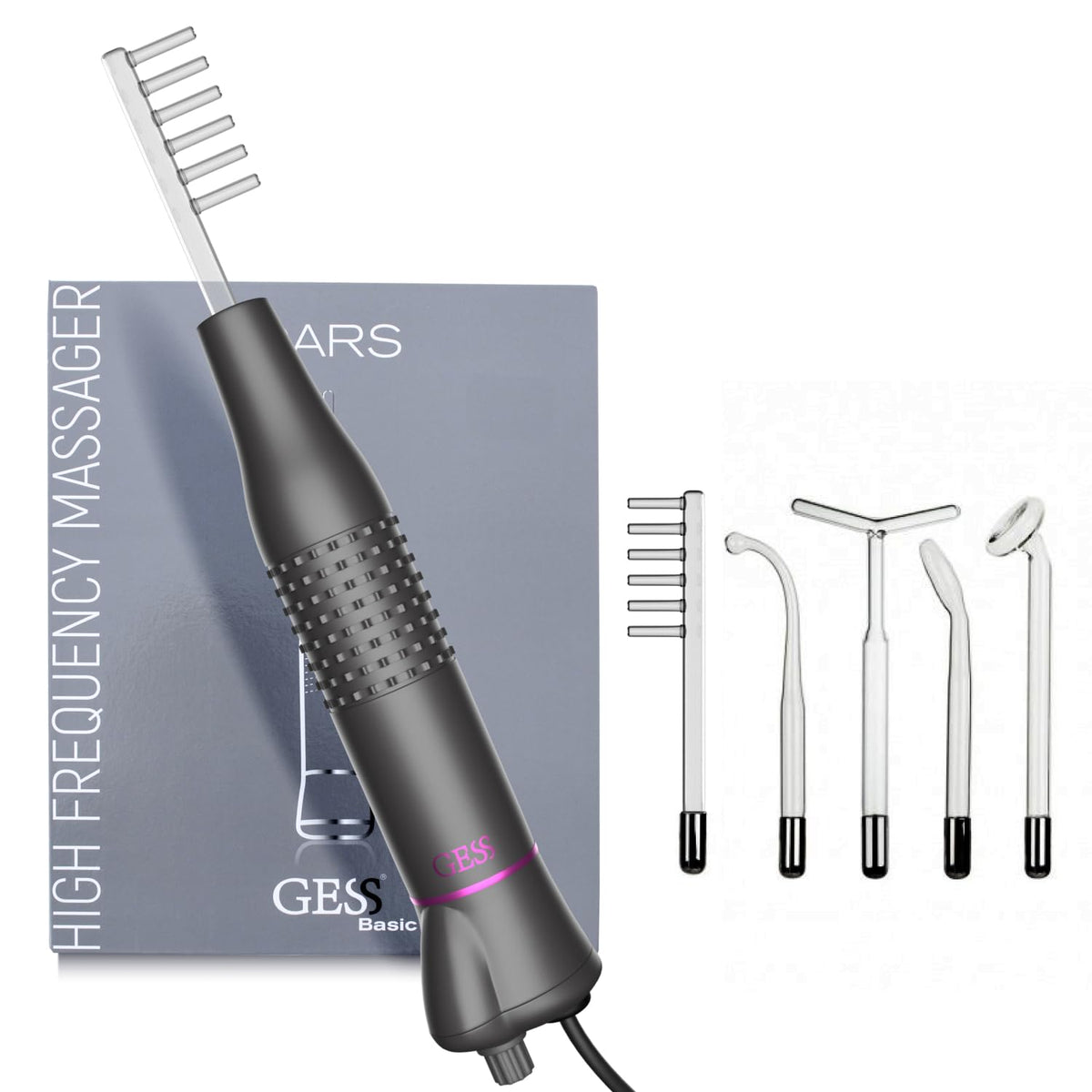 GESS Dars High Frequency Stick with 5 HF Sticks, Argon and Neon Gas, Darsonval Face Care, Acne, Hair Loss, Wrinkle Reduction, Cosmetic Device for Skin Care System, Beautiful Face Without Acne