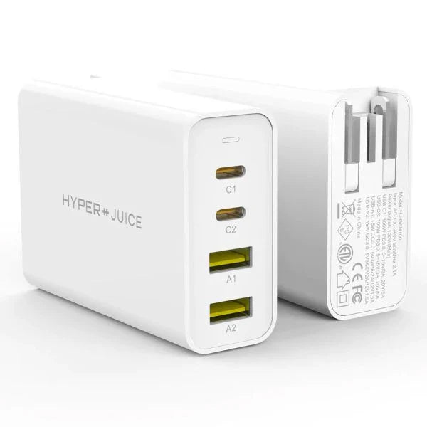 HyperJuice 100W GaN USB-C Fast Charger - 4-Port Compact Travel Wall Adapter (2x USB-C, 2x USB-A) - White