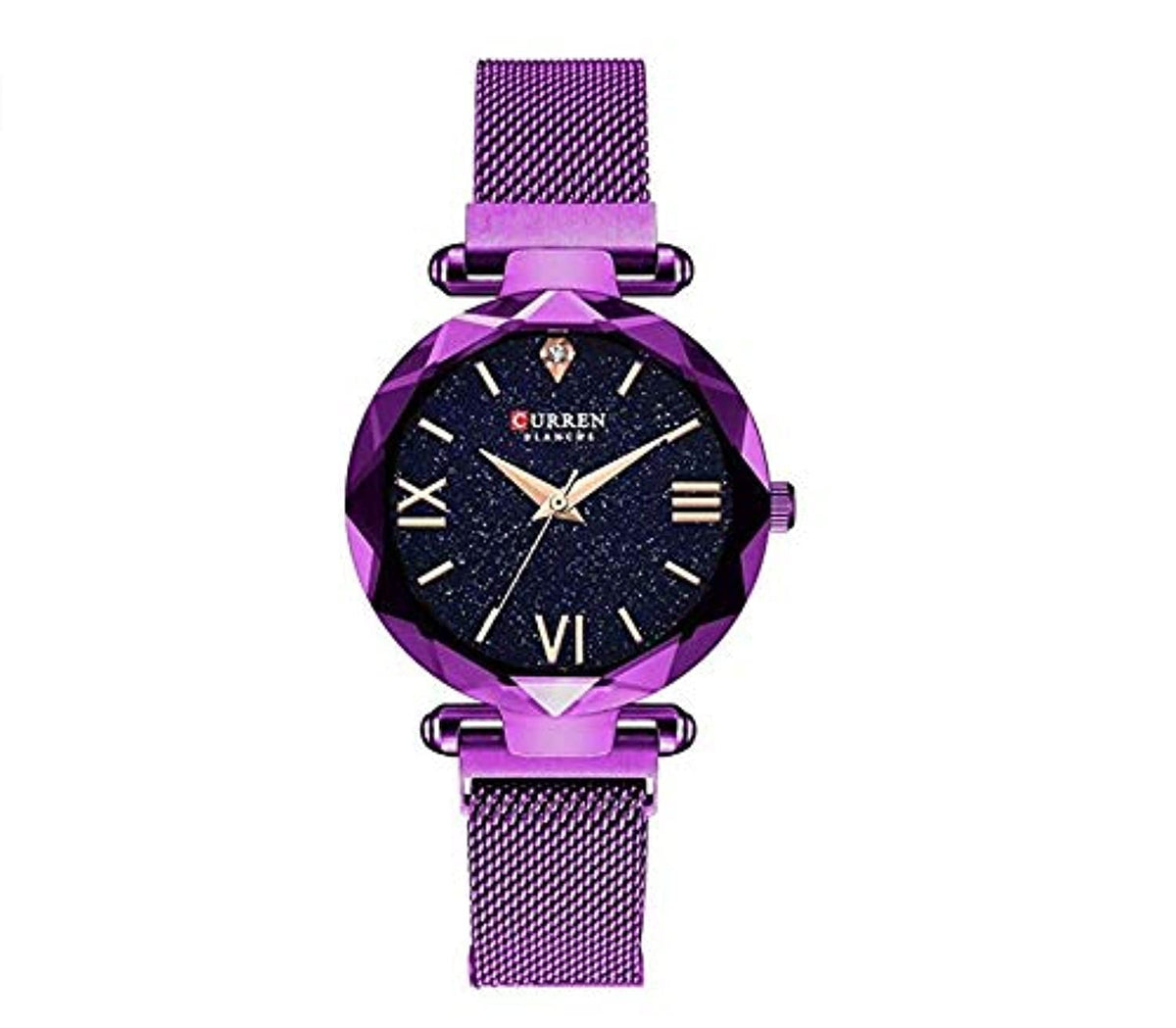 CURREN 9063 Luxury Women Watches Mesh Ladies Clock Magnet Buckle Starry Diamond Geometric Surface Casual Dress Quartz Wrist watch - Purple