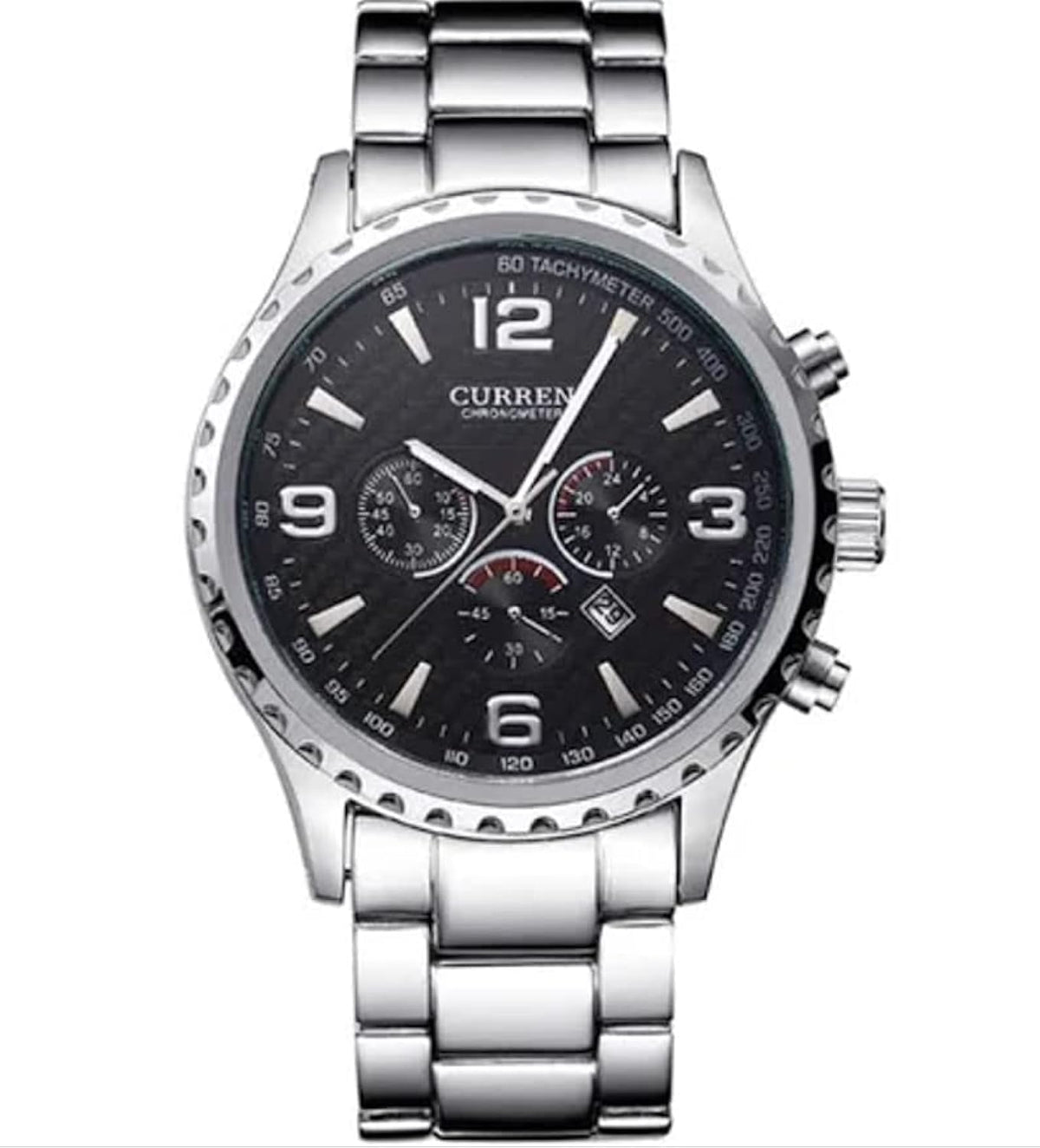 CURREN Men's Chrono Watch Black Stainless Steel Case Black Dial 3 Subdial Date Window Black Stainless Steel Case - Silver