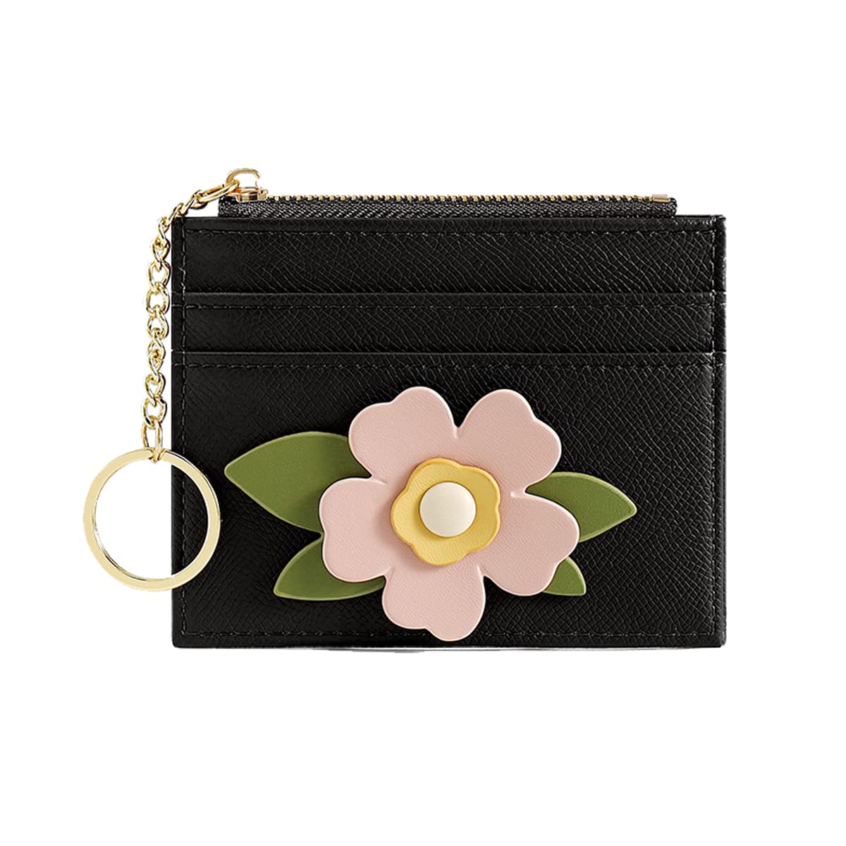 Valentoria Slim RFID Blocking Card Holder Small Pocket Wallet Keychian Zipper Coin Purse Mini Cash & Coin & Cards Case for Women Men, Z3-Black, Business Card Holder