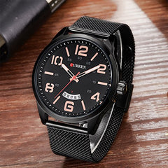 CURREN 8236 Metal Strap Round Analog with Date Display Black, Gold Watch for Men