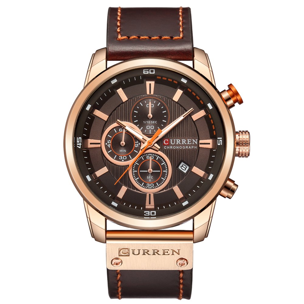 CURREN Mens Water Resistant Sport Chronograph Watches Military Multifunction Leather Quartz Wrist Watches (gold brown)