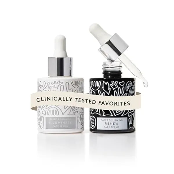 Naked & Thriving Wrinkle Fighter Set, Includes Renew Resurfacing Night Serum (30 mL) & Illuminate C+ Serum (30 mL), Clinical Results, Dermatologist Loved, Hylauronic Acid & Bakuchiol (Set of 2)
