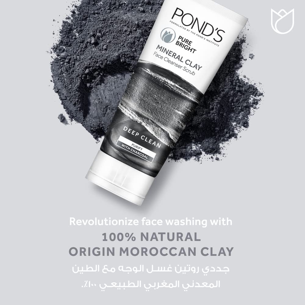 POND'S Pure Bright Mineral Clay Face Cleanser Scrub, 100% natural origin moroccan clay face wash, Purify & Deep Clean with Activated Charcoal and Niacinamide, 90g