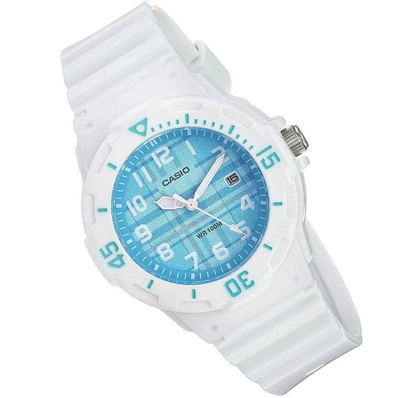 Casio Womens Quartz Watch, Analog Display and Resin Strap White/Pattern Blue