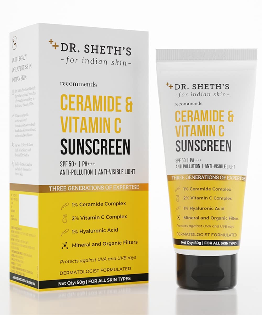 Dr. Sheth's Sunscreen SPF 50 Cream with Ceramide & Vitamin C for Oily, Sensitive, Dry Skin | For Intense Hydration | Non Greasy, Quick Absorbing | Zero White Cast | PA+++ | For Women & Men | 50g