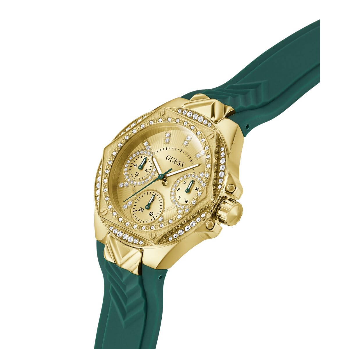 GUESS P GLD CS W/CRYS/SUN CHAMP MF DL/GREEN TEXTURED SILICONE STRP