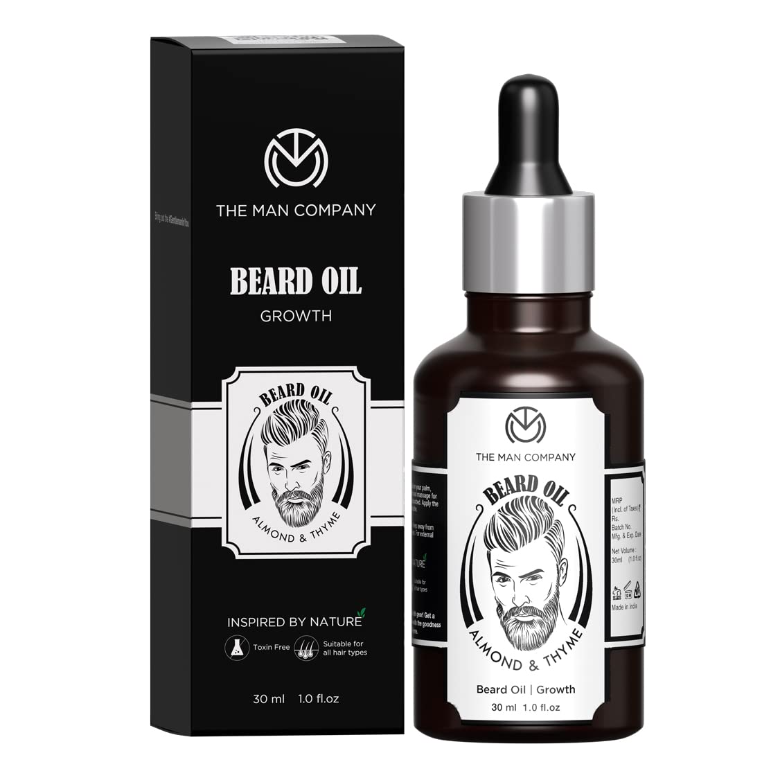 The Man Company Beard Oil for Growing Faster With Almond & Thyme - 100% Natural Growth Oil for Men, Nourishes & Strengthens Uneven Patchy Beard - 30ML