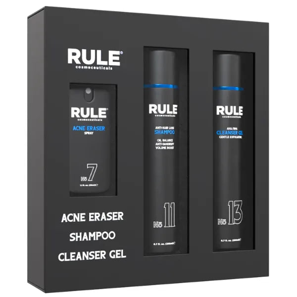 RULE COSMECEUTICALS Men's Face & Hair Kit, No.7 Body Acne Spray, No.11 Anti Hair Loss Shampoo & No.13 Gel Cleanser, Hair Care and Skin Care Set