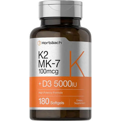 Horbäach Vitamin D3 K2 5000 iu 100mcg MK 7 Complex 180 Softgel Capsules Non-GMO & Gluten Free Supplement
