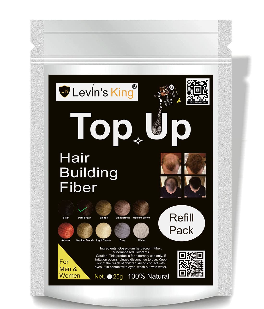 Levins King Hair Building Fiber, Concealer Refill Pack Use (25g, Dark Brown)